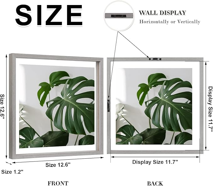 Egofine 12x12 Floating Frames Set of 2, Double Plexiglass Picture Frame, Made of Solid Wood Display Any Size Photos up to 12x12, Wall Mount or Tabletop Standing, Light Grey