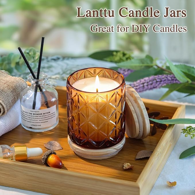 Lanttu 10pcs Empty Amber Diamond Glass Candle Jars, 7oz Glass Candle Containers with Wooden Lids and Labels, Candle Vessels for DIY, Gifts, Candle Making Supplies, Wedding Decorations