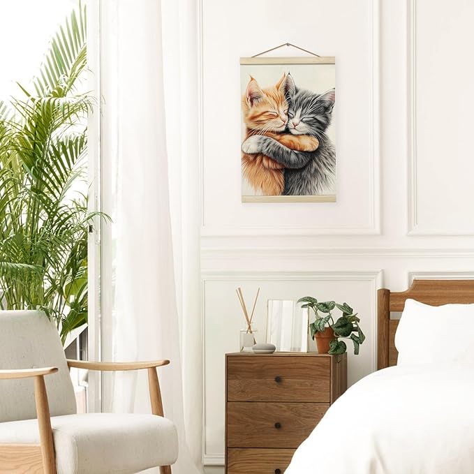 Giosve Cat Wall Art Framed Decor, Cute Cat Poster, Cute Canvas Wooden Frames Poster Hanging Wall Art Decor for Home Bedroom Living Room, 12x16 inch