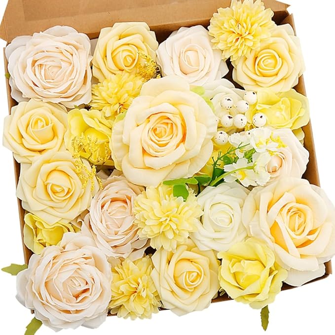Artificial Flower Combo Flowers Exquisite Yellow Flower Box Set for DIY Bouquets Centerpieces Floral Arrangements, Multi Use Wedding Party Home Decorations Faux Flowers（Yellow & Peach ）