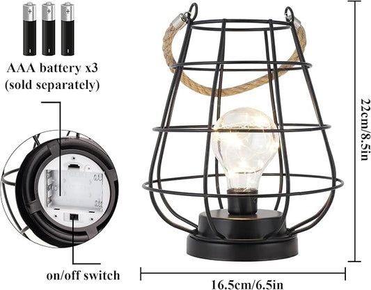 JHY DESIGN 8.5" H Cage Bulb Lantern Decorative Table Lamp Battery Powered Cordless Light with Warm White Fairy Lights LED Edison Bulb Lamp for Living Room Bedroom Home Wedding(Black)
