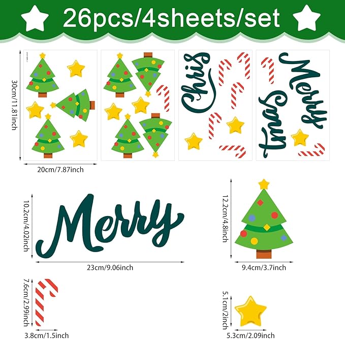 Merry Christmas Wall Decal, Festive Christmas Tree Wall Stickers with Candy Cane and Star Designs for Holiday Decor