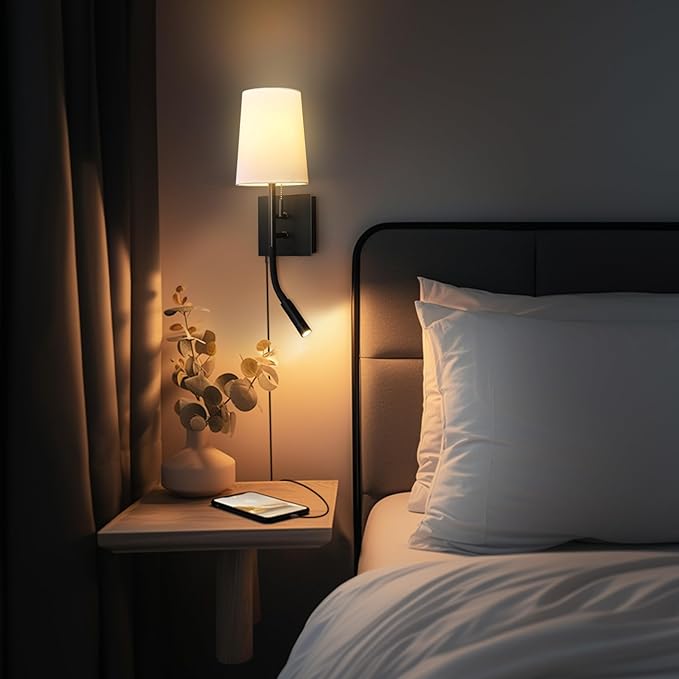 GLOBE Electric 1-Light Plug-in or Hardwired Wall Sconce with LED Integrated Reading Light, USB-A Port, USB-C Port, Matte Black, White Fabric Shade, On-Off Pull Chain and Rocker Switch