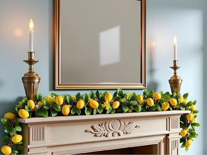 2PCS Artificial Lemon Garland (12Ft Total), Faux Fruit Vine with Greenery for Wedding Party, Wall Mantle Table Decor, Spring Summer Kitchen Door Decoration