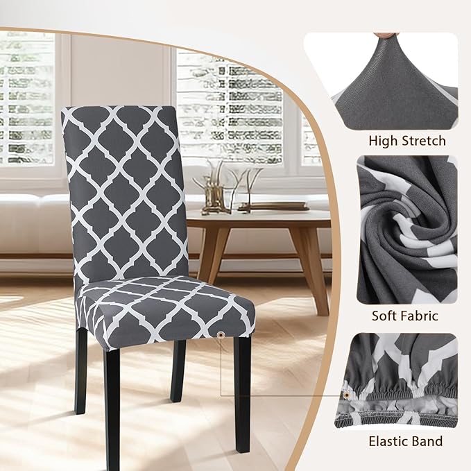 SearchI Dining Room Chair Covers Set of 6, Stretch Spandex Kitchen Slipcovers Removable Washable Geometric Parsons Protector for Hotel, Ceremony (Gray+White)