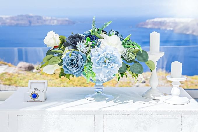 Artificial Flowers Combo Box Set,Silk Fake Flowers Roses Bridal Bouquets Out/Indoor DIY Centerpieces White Flowers for Decoration Arrangements Party Baby Shower Home Cake Decor (White&Blue)