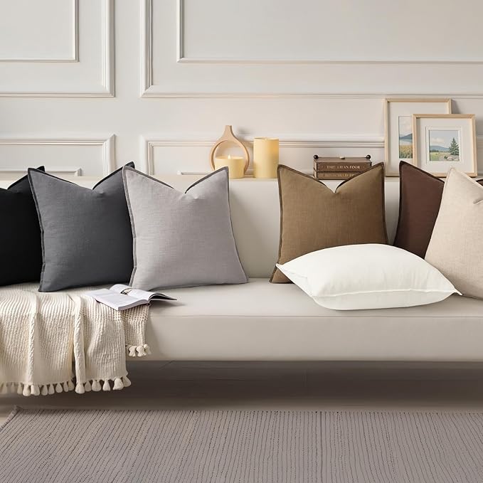 decorUhome Christmas Decorative Linen Throw Pillow Covers 22x22 Inch Set of 2 Light Grey Soft Pillow Covers with Flange Edges Soft Farmhouse Boho Accent Pillow Cases for Couch Sofa Bed Living Room