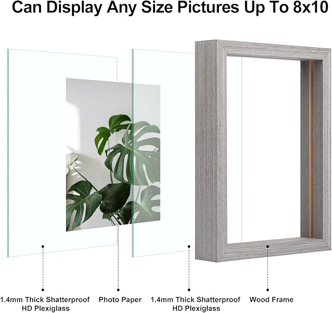 Egofine 8x10 Floating Frames Set of 2, Double Plexiglass Picture Frame, Made of Solid Wood Display Any Size Photo up to 8x10, Wall Mount or Tabletop Standing, Light Grey