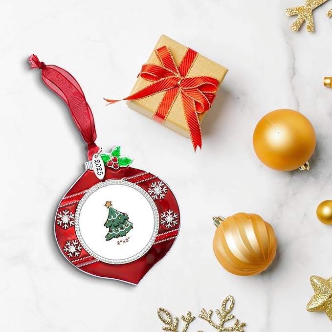 2025 Christmas Tree Ornament Picture Frame Metal Hanging Pendant Holiday 2" Photo Frame Charm Decorative of Pets, Baby First Christmas, Family (2025 Style 8)