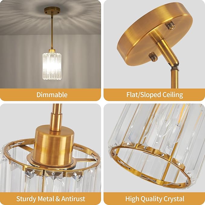 3 Pack Pendant Lights Kitchen Island, Modern Gold Crystal Pendant Light Fixtures Over Island, Mini Chandelier Hanging Pendant Lights for Kitchen Hallway Dining Room Bedroom
