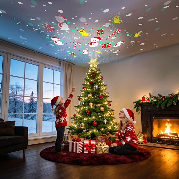 [6 Patterns] 9.05 inch Christmas Tree Topper Projector Snowflake with 6 Patterns Gold Snowflake Projector Tree Topper Plug in for Indoor Office Xmas New Year Holiday (Gold,3m Cable)