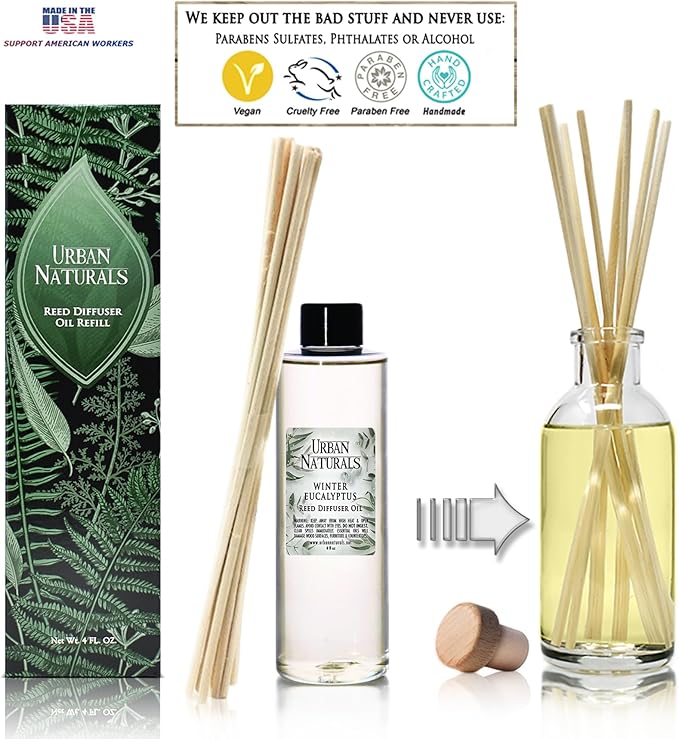 Urban Naturals Reed Diffuser Oil Refill Winter Eucalyptus, Crisp Eucalyptus, Mint, Spruce, Cedar, Essential Oils, 4 oz + Free Reed Sticks, Made in The USA