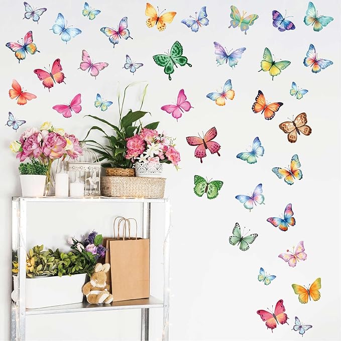 Large Butterfly Wall Decals 8 Sheets 62PCS Watercolor Wall Stickers Removable Peel & Stick for Kids Room Nursery Wall Art Girls Room Bedroom Décor