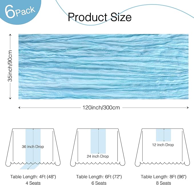 6 Pack Cheesecloth Table Runner 120 Inch Boho Rustic Gauze 10 FT Light Blue Cheese Cloths Table Runners Decorations for Spring Summer Birthday Party Baby Shower Wedding Holiday Home Decor