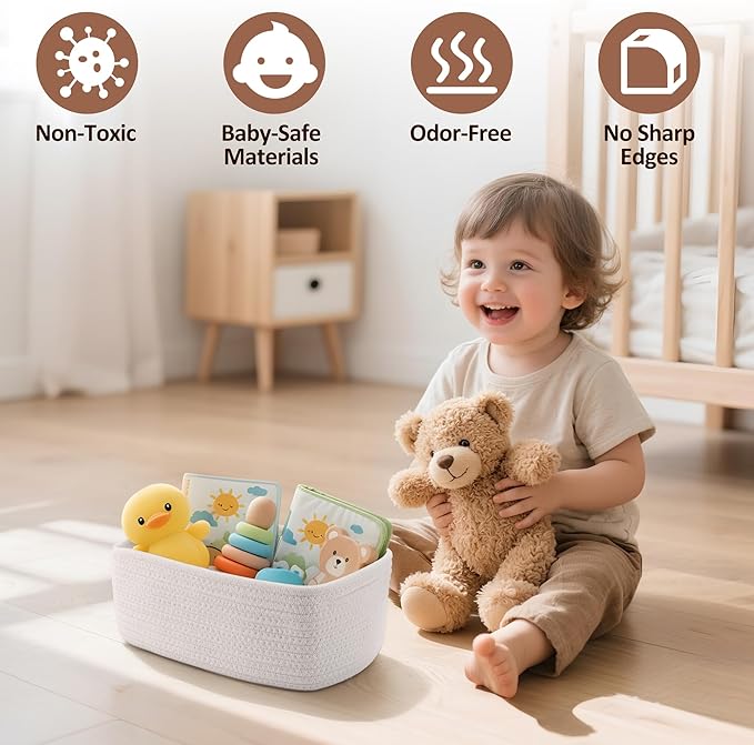 5-Pack Small Woven Rope Storage Baskets – 2 Sizes Organizer Bins for Closet, Shelf, Bookshelf, Nursery, Changing Table, Fabric Cube Boxes, Rectangular Shallow Bins for Bathroom, Toy & Home