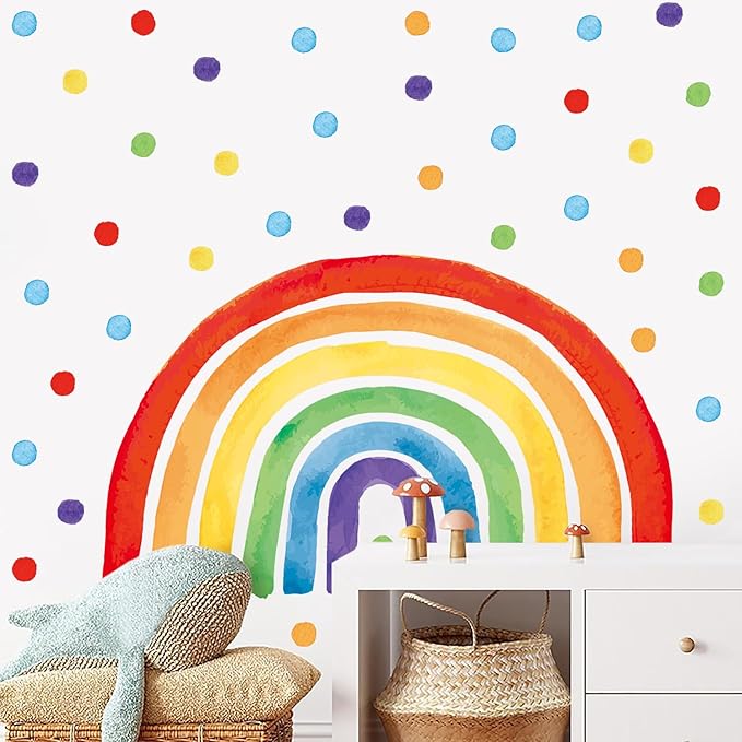 Large Rainbow Wall Decal, Peel and Stick Colourful Rainbows Wall Stickers, Multicolor Polka Dots Wall Decor, Vibrant Rainbow Decoration for Girls Bedroom Kids Nursery Classroom Playroom