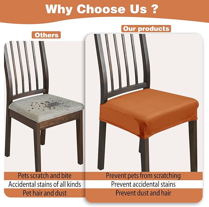 Dining Chair Seat Covers Set of 4, Stretch Velvet Chair Seat Slipcovers Protector, Removable Washable Kitchen Chair Covers for Dining Room Chairs (Set of 4, Orange)