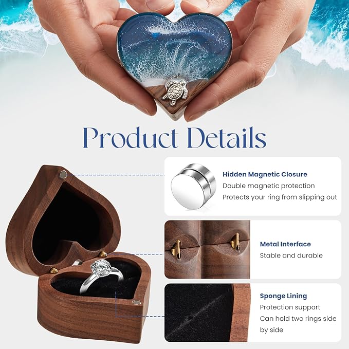 Ocean Resin Heart Engagement Ring Box, Personalized Walnut Wooden Ring Box, Birthday Gifts for Women, Ring Display box for Proposal, Wedding, Anniversary, Valentine's Day, Christmas Gifts