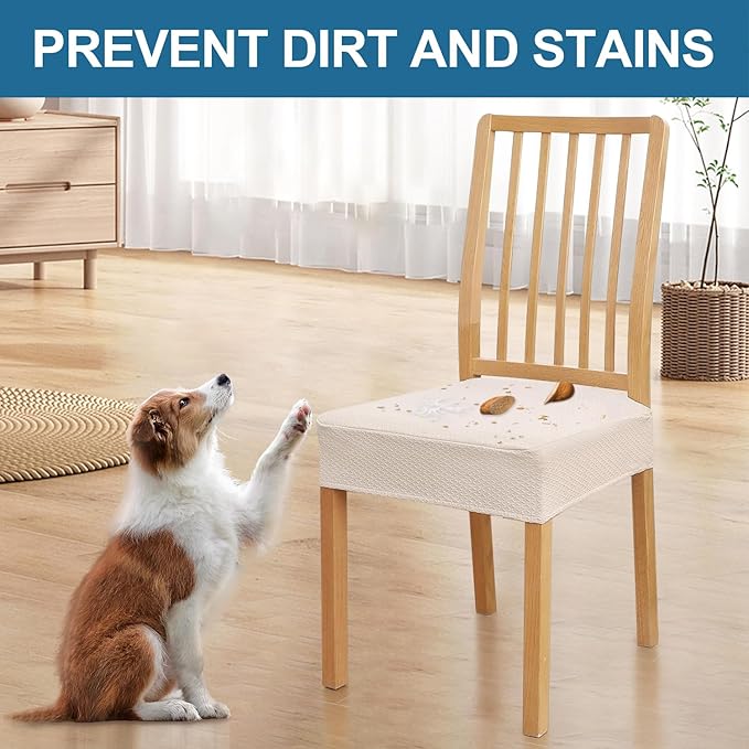 Smiry Waterproof Seat Covers for Dining Room Chairs Set of 2, Stretch Jacquard Removable Washable Chair Seat Slipcovers Protector, No Rear Covers, Beige