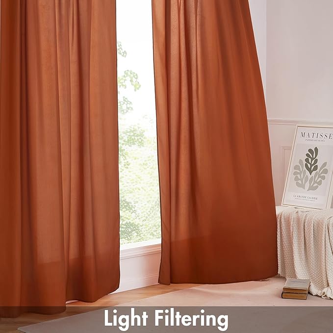 EMEMA Fall Burnt Orange Privacy Sheer Curtains 63 Inch Length, Non-See-Through Light Filtering Semi Sheer Curtains for Bedroom Living Room, Window Drapes That Let Light in, 52x63 Inch, 2 Panels