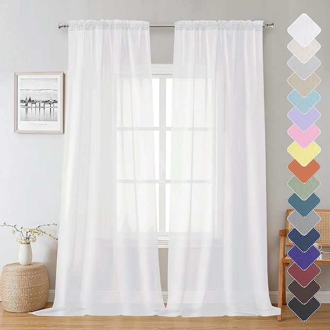 Lecloud Sheer White Curtains 96 Inches Long 2 Panels, Farmhouse Soft Voile Curtain for Windows, Airy Solid Color Tulle Curtains for Living Room Bedroom Rod Pocket, Each Panel 42 X 96 Inch