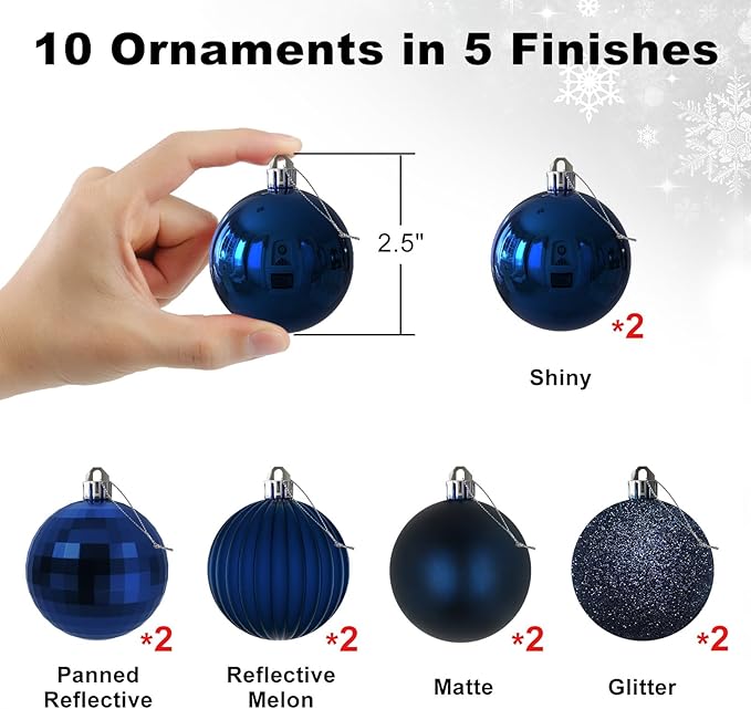 Navy Blue 2.5" Christmas Balls Christmas Tree Decoration Ornaments Shatterproof Hanging Balls for Birthday Halloween Holiday Wedding Decorations Set of 10pcs