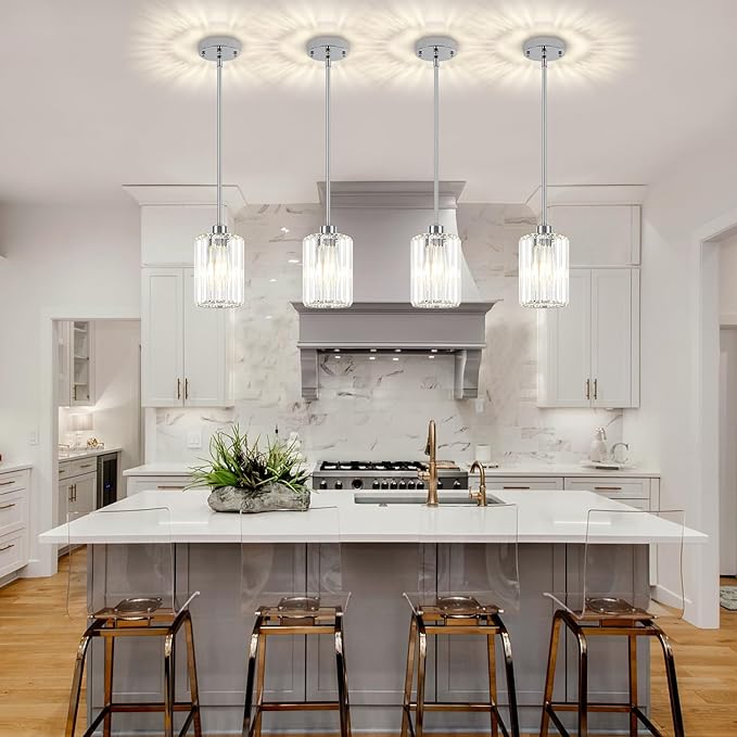 Chrome Pendant Lights,3 Pack Crystal Pendant Lighting for Kitchen Island, Modern Mini Kitchen Chandeliers Hanging Pendant Lights for Bedroom Dining Room Hallway