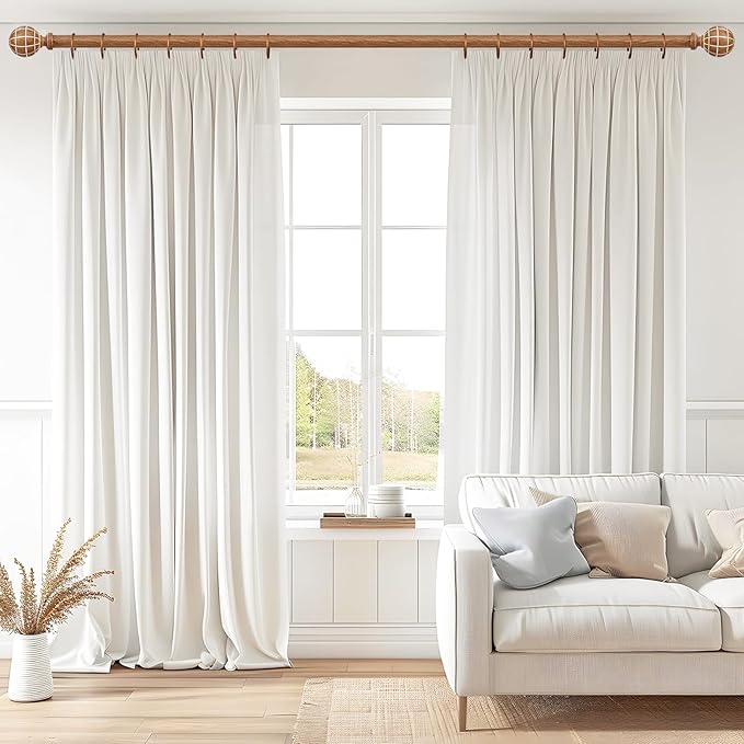 Wood Curtain Rods for Windows 28 to 48 Inches (2.33-4ft), 1'' Diameter Heavy Duty Adjustable Rustic Farmhouse Drapery Pole with Boho Imitation Wooden Grain Decorative Finials, Size 30"-60"