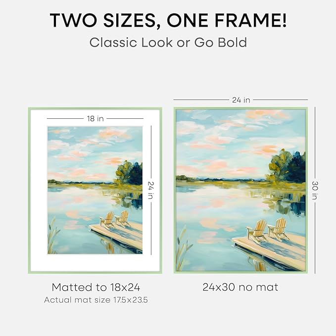 Homeforia 24x30 Frame Sage Green, High End Metal 24x30 Picture Frames with Mat 18x24 Photo, 24 x 30 Sage Green Poster Frame Matted to 18 by 24 Art, 30x24 Thin Frame, Tempered Glass, Wall Kit, Set of 1