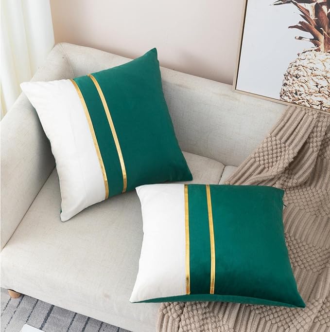 ZLINA Set of 2 Velvet Decorative Throw Pillow Covers Dark Green White Patchwork with Gold Leather Pillow Covers 24 × 24 Inch Cushion Covers Decor Living Room Sofa Bedroom Car