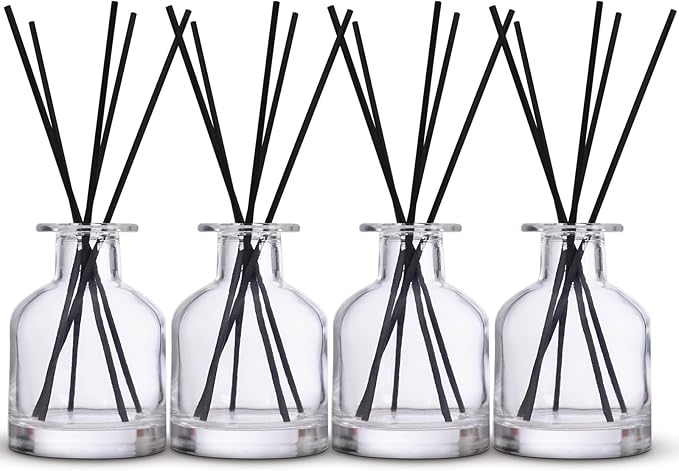 4 Pack Perfume Reed Diffuser Bottle,Empty Big Belly Aromatherapy Essential Oil Bottles Glass Jar with Black Sticks for DIY Fragrance Replacement Diffuser Sets (150ml/ 5 oz, Transparent Color)