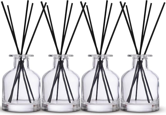 4 Pack Perfume Reed Diffuser Bottle,Empty Big Belly Aromatherapy Essential Oil Bottles Glass Jar with Black Sticks for DIY Fragrance Replacement Diffuser Sets (150ml/ 5 oz, Transparent Color)