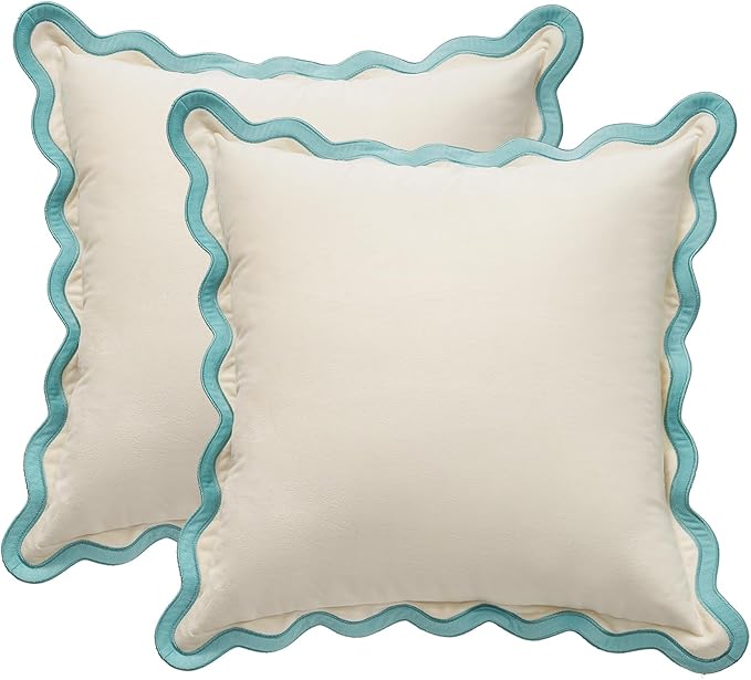 MONDAY MOOSE Decorative Throw Pillow Covers Cushion Cases, Set of 2 Soft Velvet Scalloped Wavy Edge Designs, Mix and Match for Home Decor, Pillow Inserts Not Included (18x18 inch, White/Light Blue)