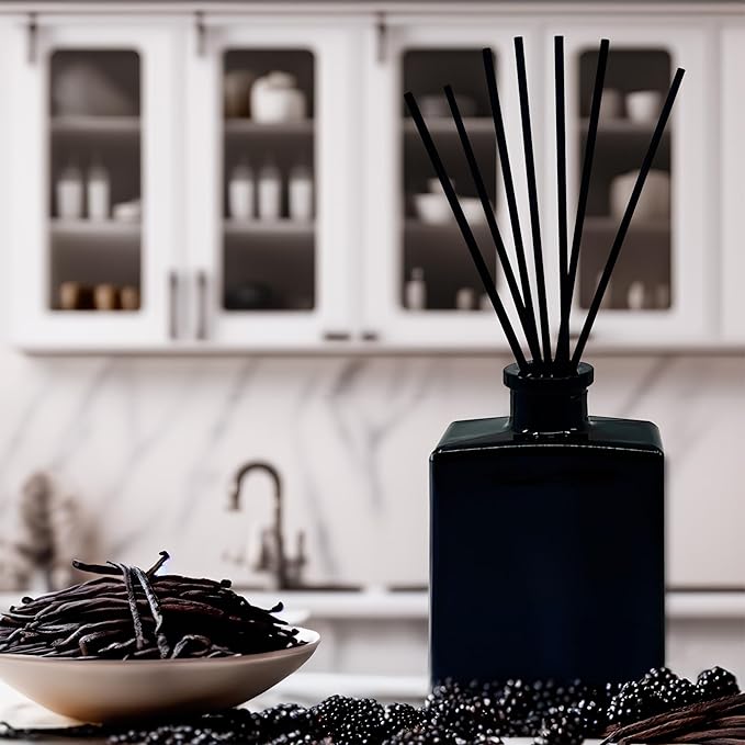 Urban Naturals BlackBerry Vanilla Reed Diffuser Set – Ripe Blackberries, Warm Vanilla & Patchouli – 5 Ounce Sleek Black Rectangular Refillable Glass Bottle – Made in The USA