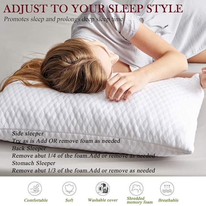 NTCOCO Shredded Memory Foam Bed Pillows for Sleeping King Size 2 Pack, with Washable Removable Hypoallergenic Sleep Pillow for Back and Side Sleeper