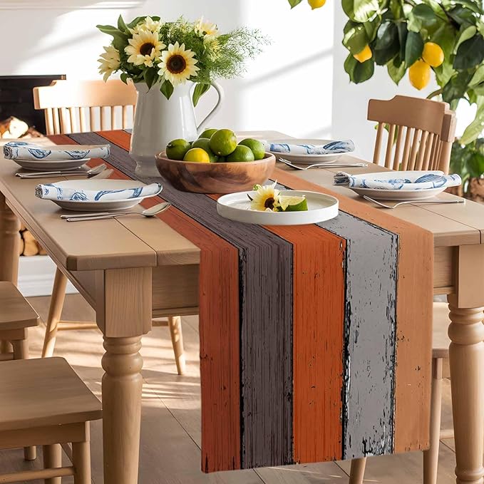 Farmhouse Cotton Linen Table Runner Dresser Scarf Retro Rustic Barn Wood Texture Ombre Burnt Orange Gray Non-Slip Rectangle Settings Decoration for Kitchen Home Dining Holiday,72 inches Long