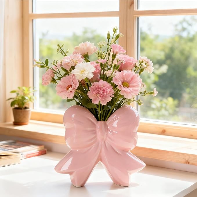 Pink Ceramic Bow Vase for Centerpieces Minimalist Farmhouse Vase Flower Vase Modern Home Decor Vase Cute Decorative Vase Flowers Tulip Pampas Grass Vase for Table Bathroom Shelf