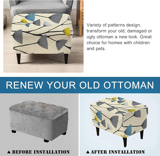 KRFOONN Stretch Ottoman Cover Slipcovers Rectangle Fit Length 27"-35" Footrest Stool Covers Printed Ottoman Cover for Foot Stool Furniture Protector with Non Slip Elastic Bottom, Color 19