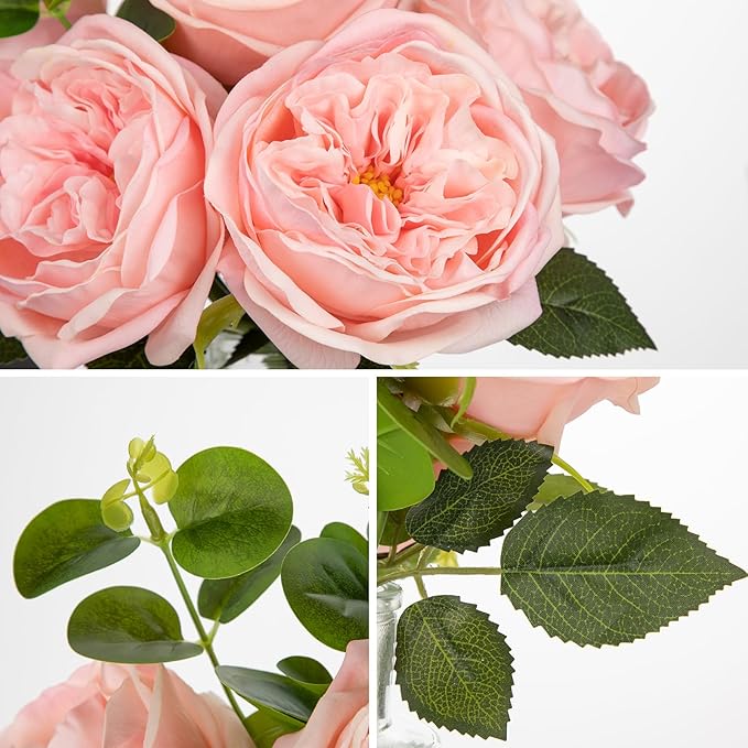 Hollyone Real Touch Peonies Artificial Flowers Arrangements in Vase Pink Fake Peonies with Glass Vase Silk David Austin Roses Faux Flowers with Faux Water Bouquet Table Floral Centerpiece Home Decor