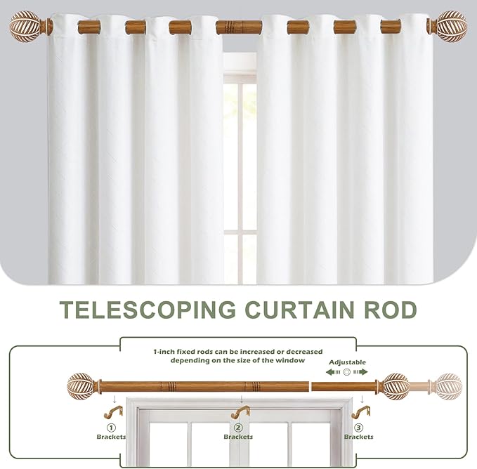 Wood Boho Curtain Rods for Windows:Wooden Farmhouse Decorative Curtain Rod for Bedroom Living Room,Heavy Duty Adjustable Rustic Bamboo Drapery Rods with Imitation Wood Grain Finials,Brown 36-72"