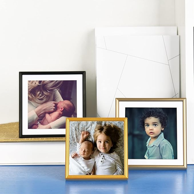 4x4 Picture Frame Set of 4, Matted Black Simple Modern Brushed Thin Aluminum Metal Square Photo Frame Fits 3x3 with Mat or 4 x 4 without Mat Display For Tabletop or Wall Collage