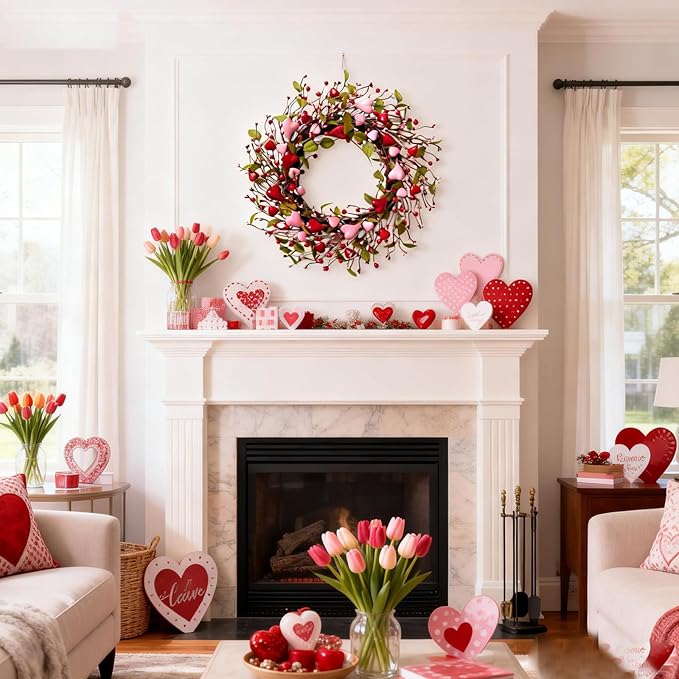 idyllic 22 Inch Valentine Green Leaf Heart-Shaped Berry Wreath, Pink Red Heart Berry Decor for Front Door Mantel Table Window Wall Wedding Porch Indoor Dinner Gift