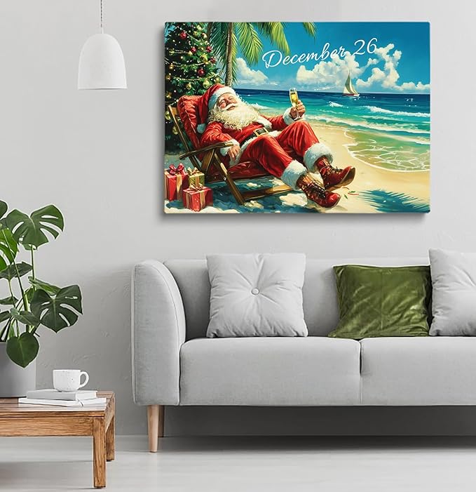 Santa Claus Wall Art - Tropical Christmas Scene, Relaxing Santa on Beach, 24x36 Inch Framed Art for Home, Office, Bedroom