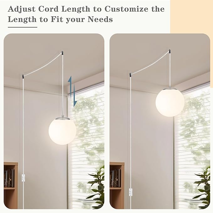 KoKo&Yukina 10" Globe Pendant Light Nickel Plug in Pendant Light Adjustable Hanging Lights with Plug in Cord Nickel Finished with Milk Glass Lampshade for Bedroom Kitchen Island（Bulb Included）