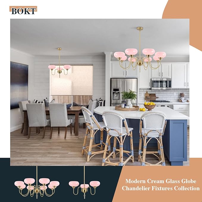 BOKT Gold Mid Century Chandelier Over Table 8-Light Pink Flush Mount Ceiling Light Fixture Kitchen Adjustable Height Ceiling Hanging Light Pink Globe Glass Chandelier for Dining Room Bedroom