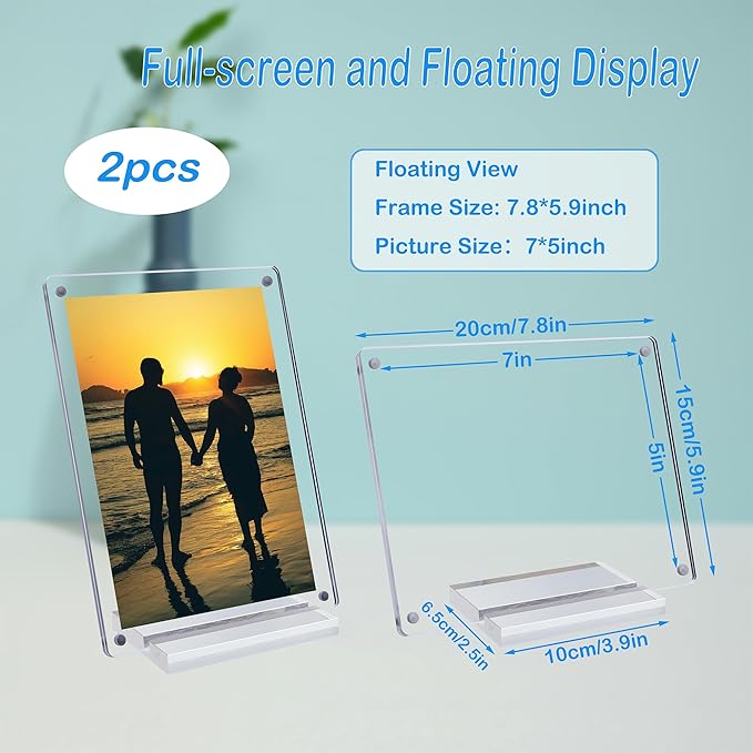 2 Pcs Acrylic Picture Frame 7x5 Inch Picture Floating Display Clear Magnetic Acrylic Frame Double Sided Photo Frame for Desktop Stand (Clear (2 Pack, 5X7)