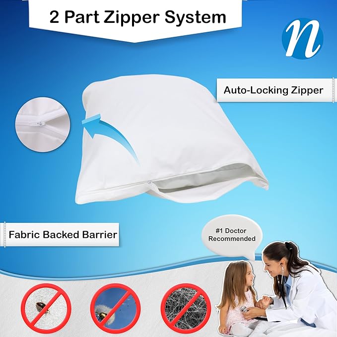 National Allergy Premium 100% Cotton Zippered Pillow Protector - King Size - White - 300 Thread Count - Hypoallergenic Bed Pillowcase with Zipper - Breathable Encasement Cover