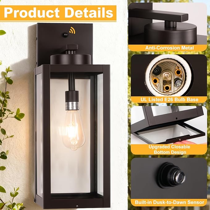 20" Large Dusk to Dawn Outdoor Wall Lantern with Closed Bottom - Oil Rubbed Bronze Outdoor Porch Lantern Wall Mounted, Waterproof Modern Outside Wall Sconce Coach Lamp for House, E26, 2 Packs