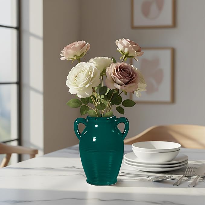 Sunddo Modern Ceramic Vase for Decor - 8 Inch Green Decorative Vase with 2 Handles, Pampas Grass Vases for Centerpieces, Living Room,Table Dining, Mantle, Console, Kitchen Decor
