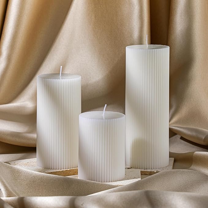 Ribbed Pillar Candles Set of 3, Width 3" High 4" 6" 8" Large Soy Wax Orchids Scented Pillar Candles Aesthetic Ribbed Modern Home Decor for Bathroom Living Room(White)